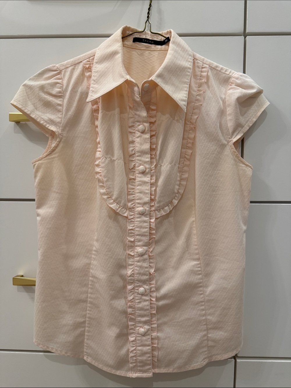 Theme Pale Pink Ruffle-Trim, Button-Front, Cap-Sleeve Blouse
